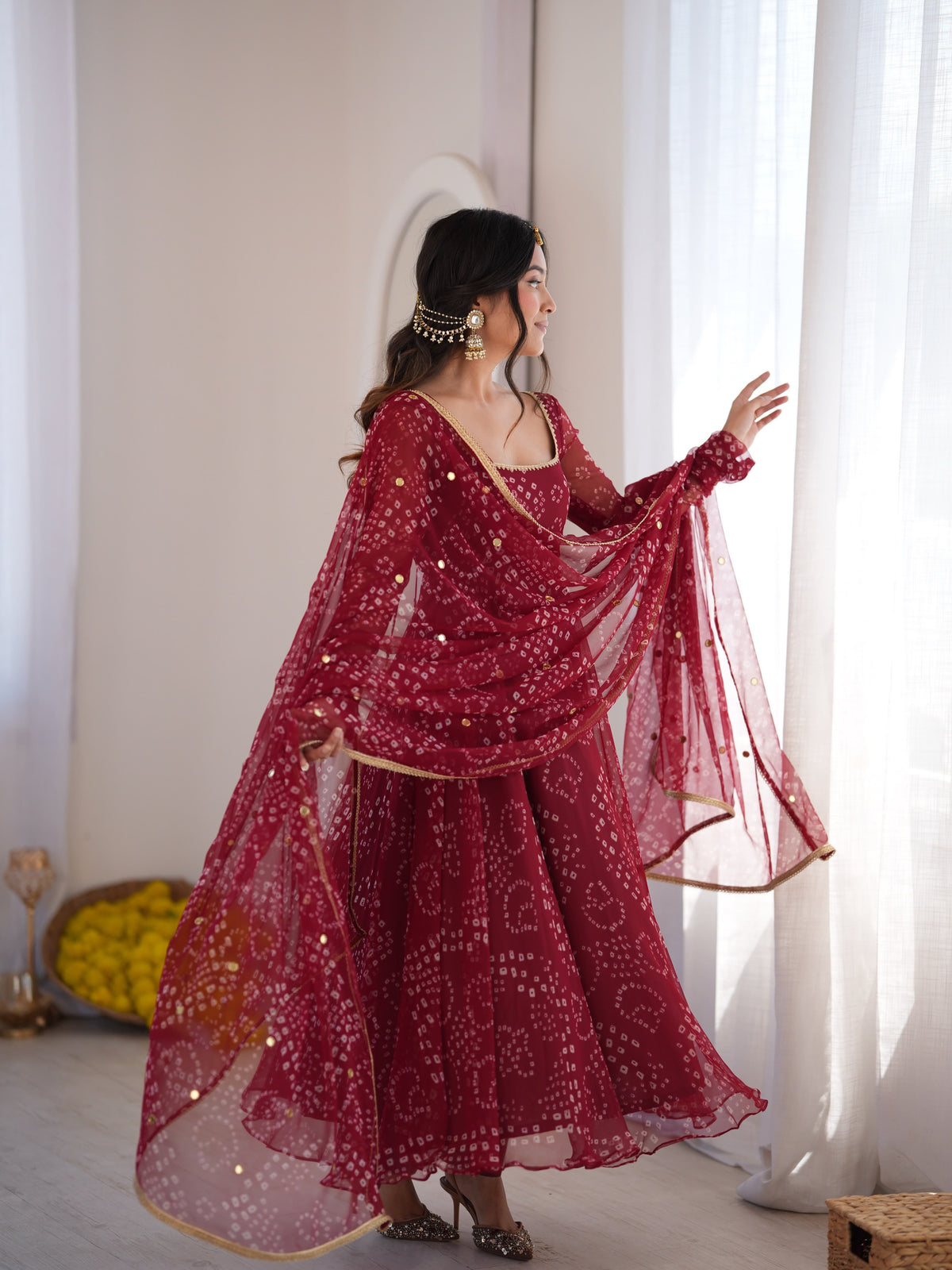Bandhini style digital printed 3 piece Anarakali sets