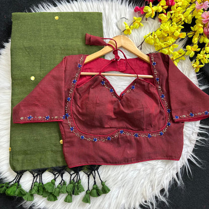 Khadi Cotton Saree with Desginer stitched blouse