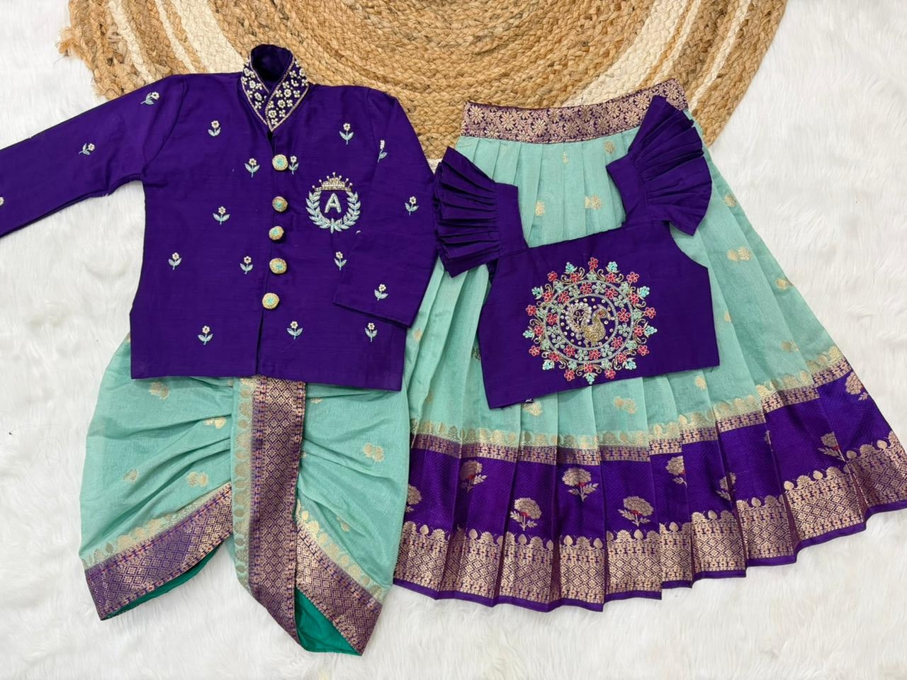 Brother & Sister Maggam Cute Traditional Combo – Banaras Silk Crop Top & Boy Kurta Dhoti Set