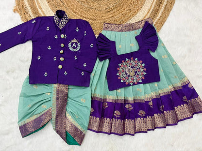 Brother & Sister Maggam Cute Traditional Combo – Banaras Silk Crop Top & Boy Kurta Dhoti Set