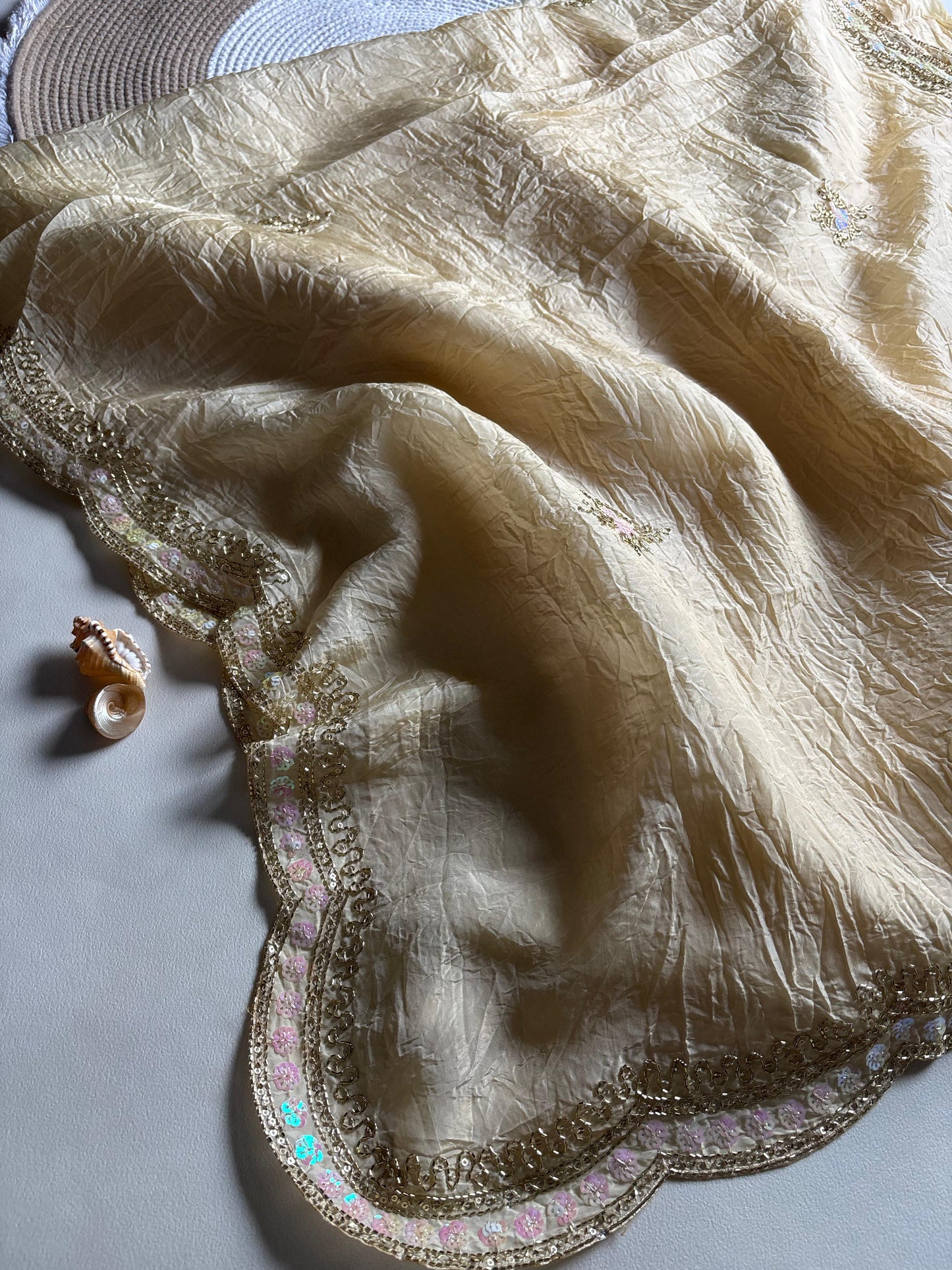 New gold crush saree with stitched blouse