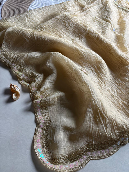 New gold crush saree with stitched blouse