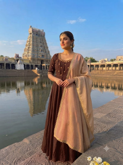 Vichitra silk maggam hand work gowns for cafe