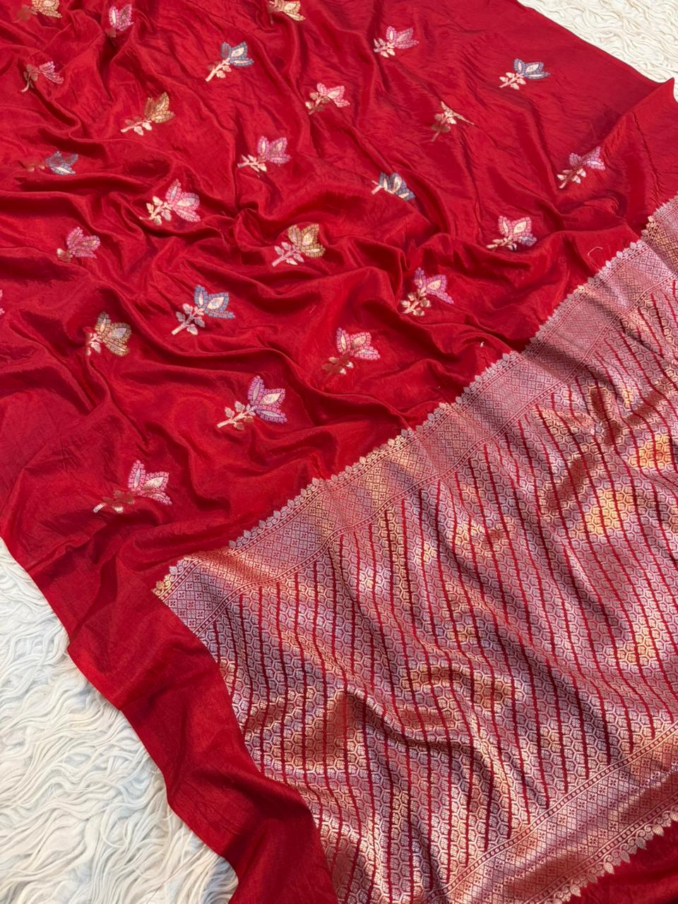 Semi pattu traditional gold zari red minakari  saree