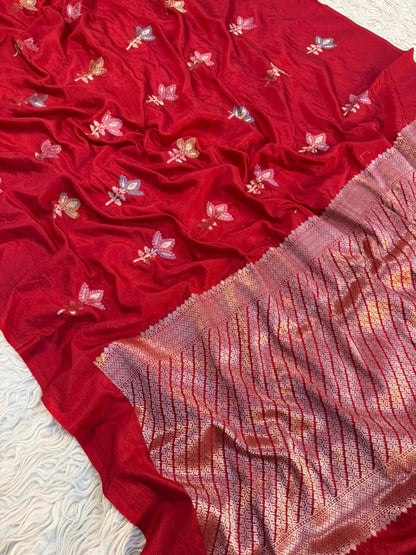 Semi pattu traditional gold zari red minakari  saree