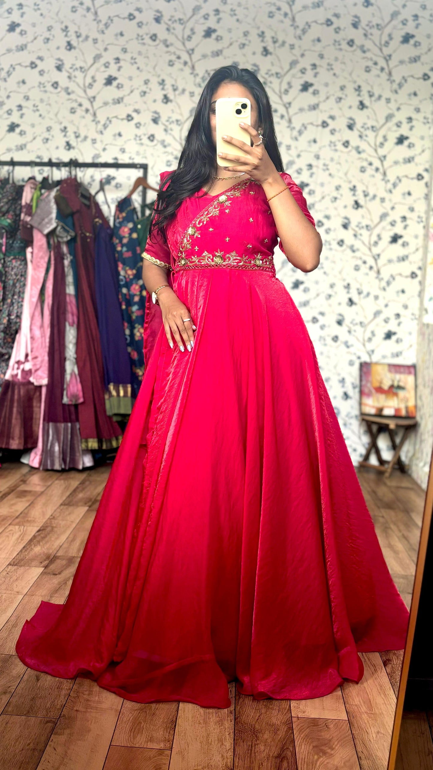Pink Maggam fusion long Gowns