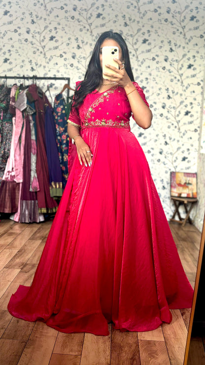 Pink Maggam fusion long Gowns