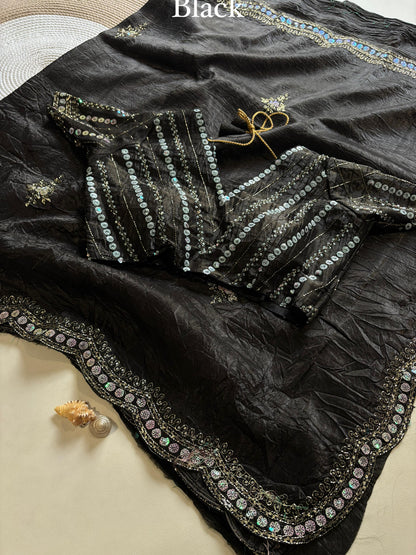 New gold crush saree with stitched blouse
