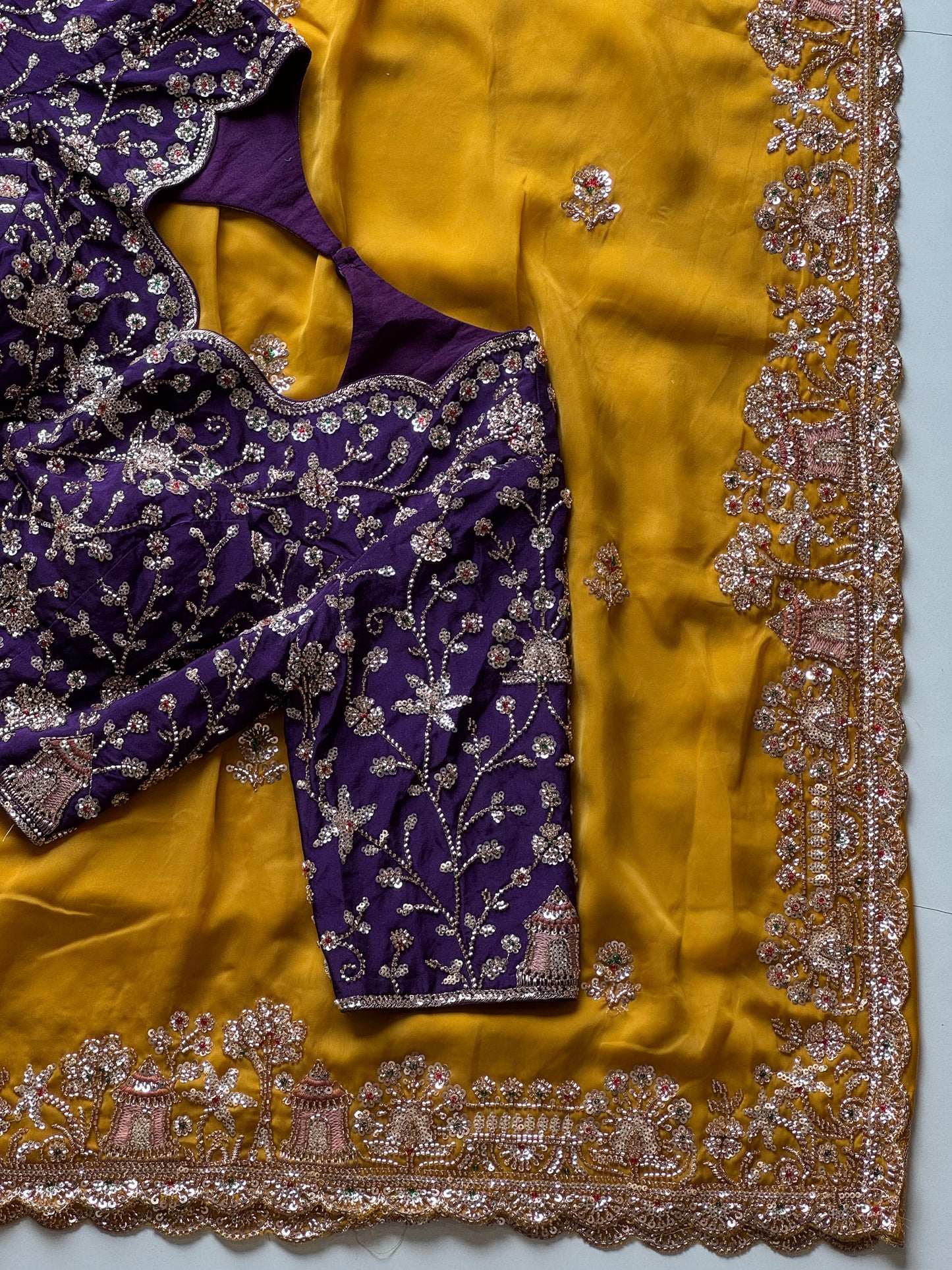 Cocktail handwork luxe gold finish sarees with Cutdana sequence work