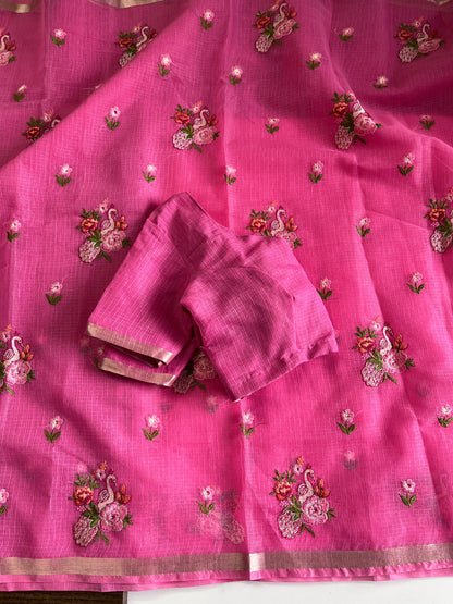 Kota doriya Embroidery saree with stitched Blouse