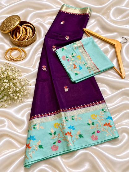 Budget Banarasi Katan Silk Saree with Contrast Alfi Border