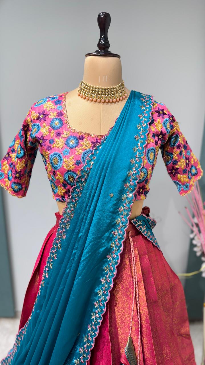 Embroidery Work Blouse With Kanchipattu silk Lehenga