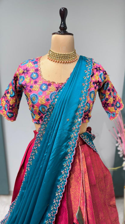 Embroidery Work Blouse With Kanchipattu silk Lehenga