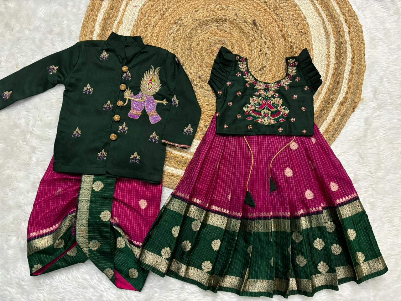 Kids Maggam Banarasi Pure Maggam work Bother kurta with dhoti  and sister combo