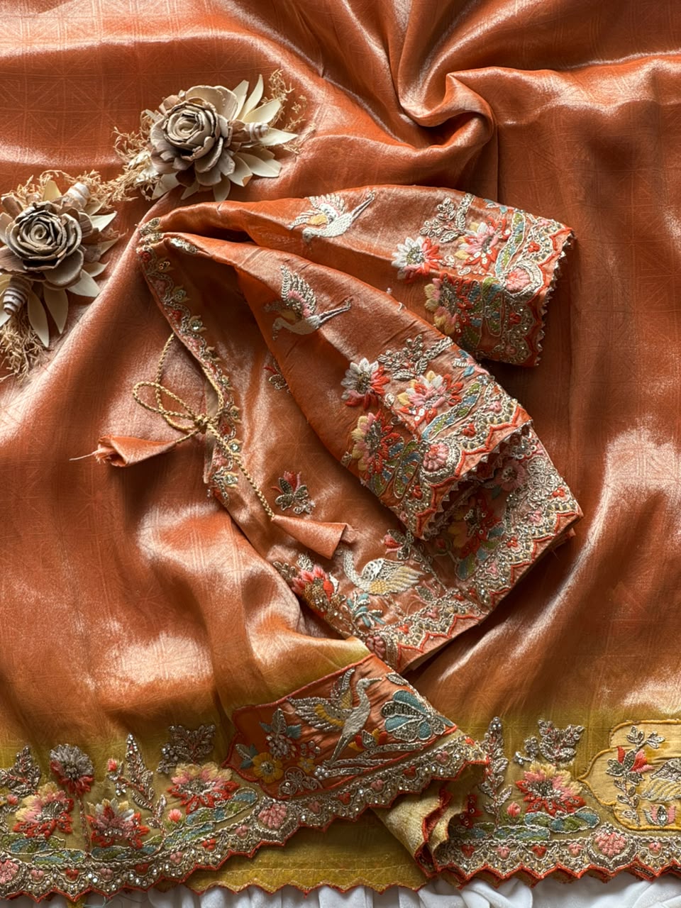 Luxe Dola silk coding work geruva saree with stitched blouse