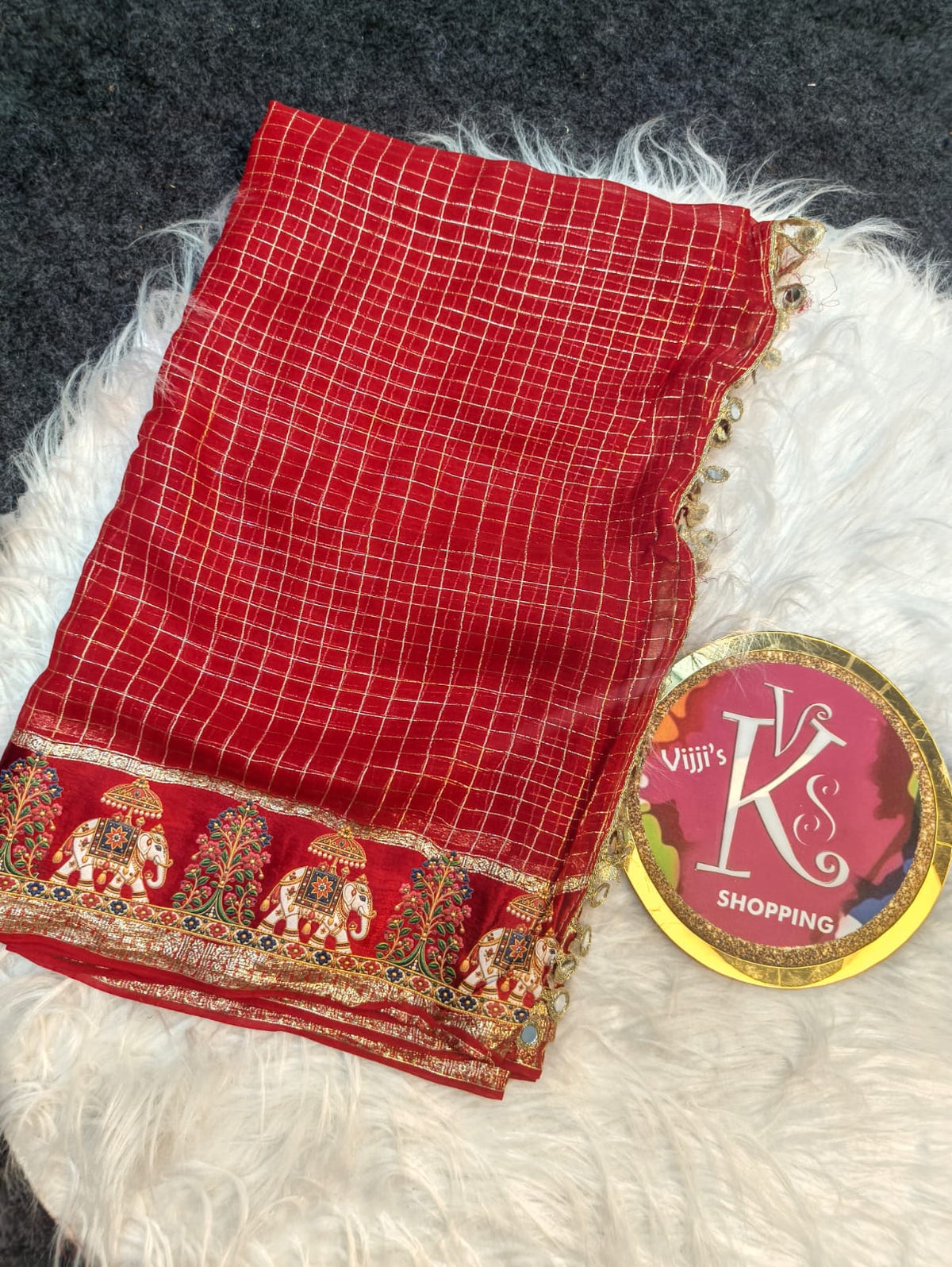 Budget viscose check with satin border golden zari white elephant saree