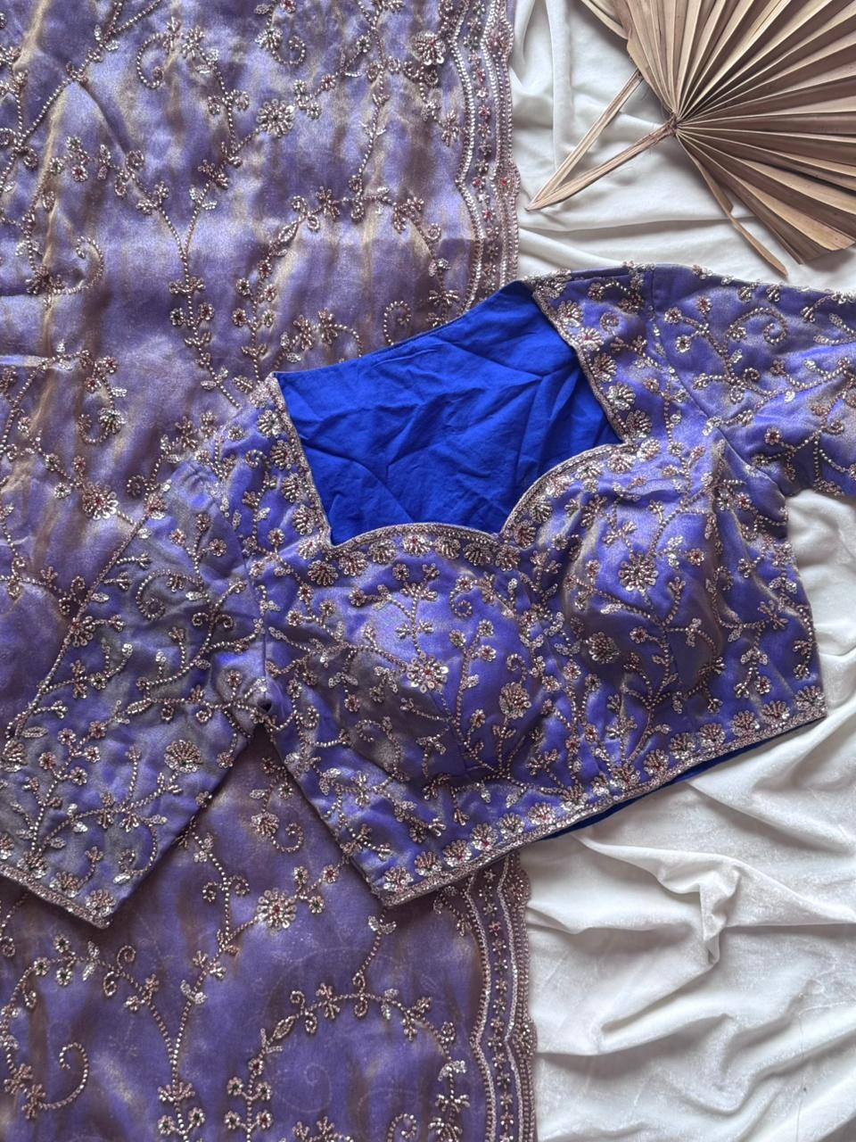 Cocktail Handwork Crepe Luxe work saree with stitched Blouse