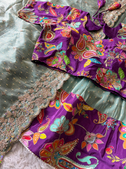 Position embroidery salsa handwork  designer lehenga
