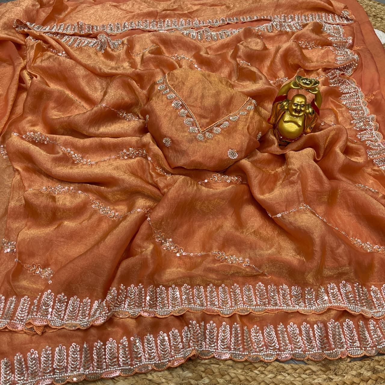 Luxurious Space Silk Saree with Original Beads Handwork