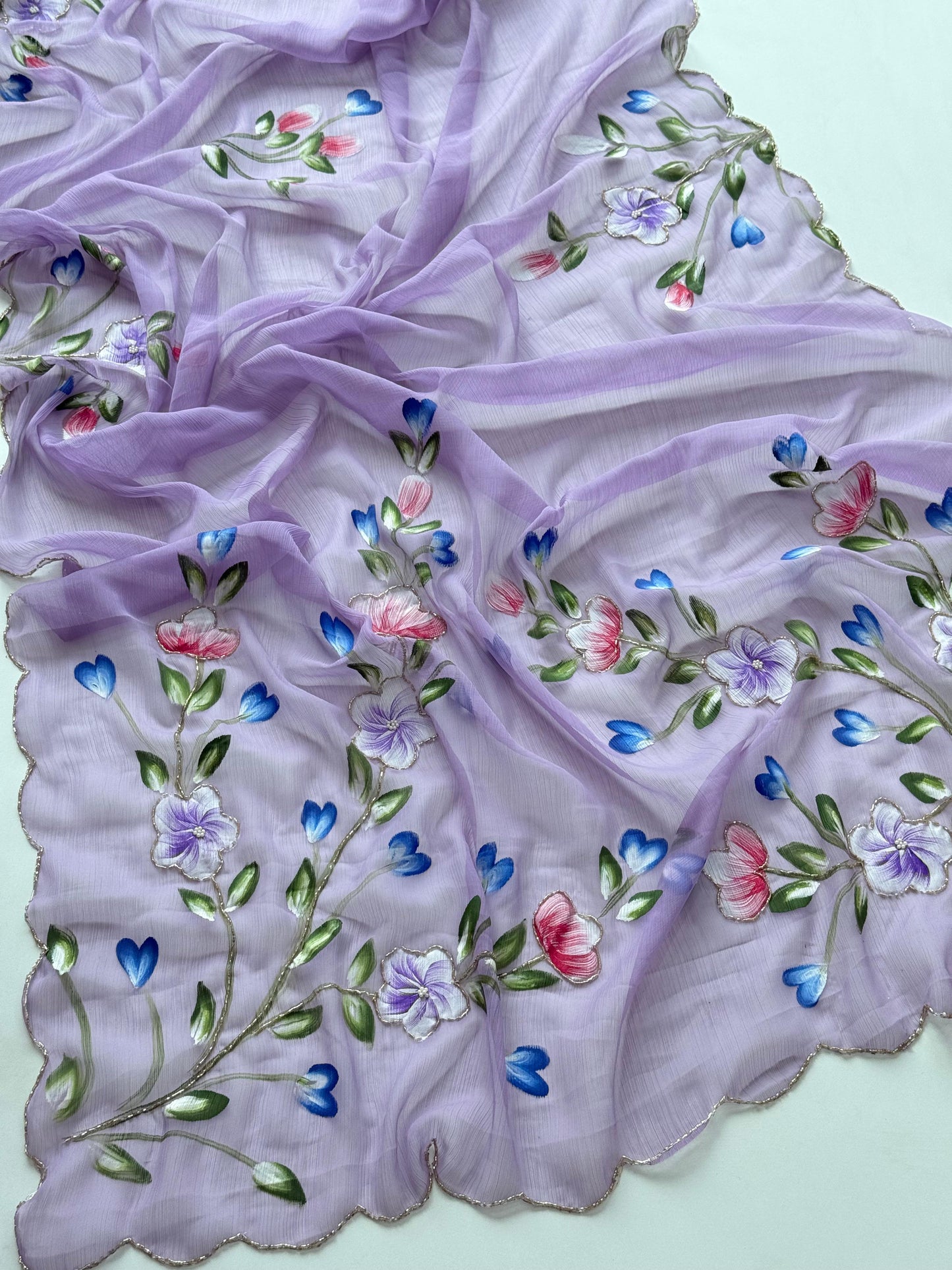 Budget chiffon Handpaint with heavy hand work saree
