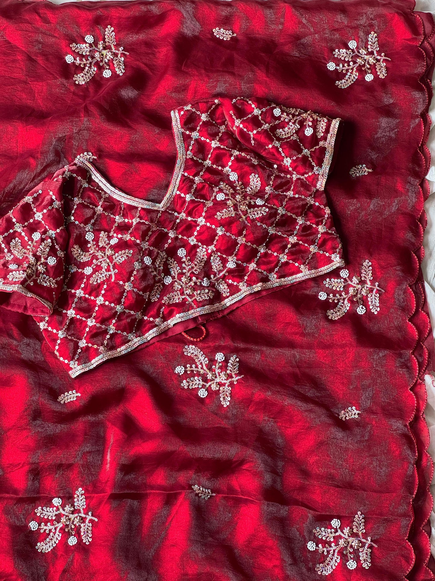 Soft silk with beads flower work saree with stitched blouse