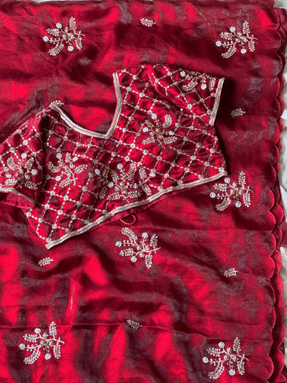 Soft silk with beads flower work saree with stitched blouse