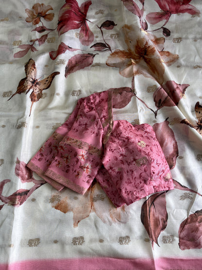 Premium Silk Saree with elegant print on all over the saree with comes stitched Blouse
