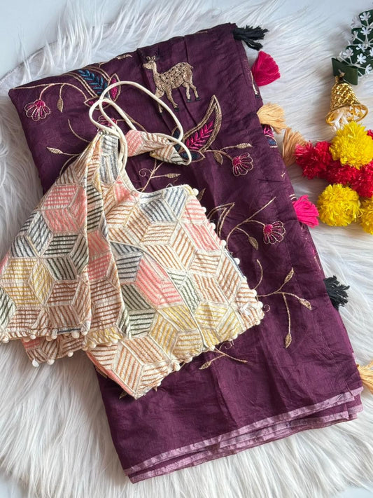 Luxurious Chanderi saree with stitched blouse Stitched Saree