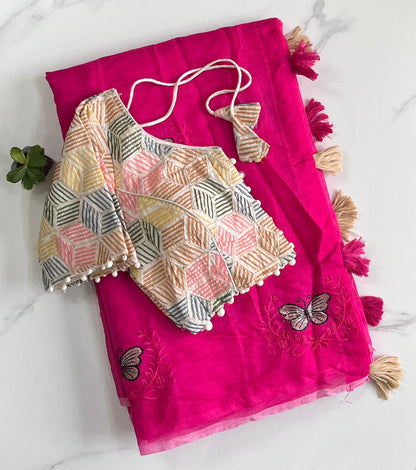 Butterfly Chanderi Saree with Stitched Blouse