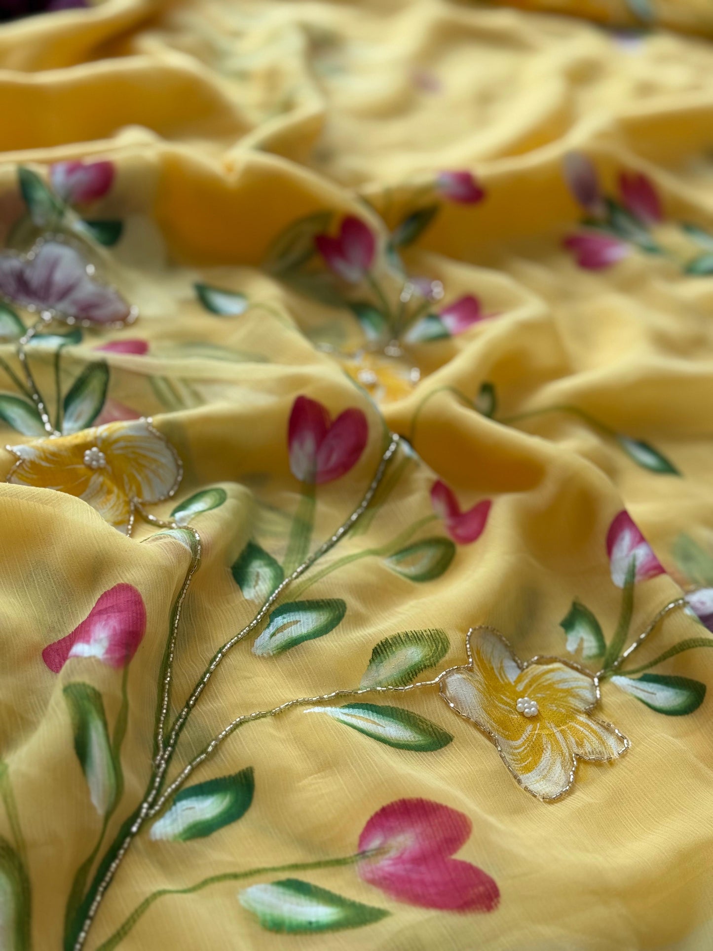Budget chiffon Handpaint with heavy hand work saree