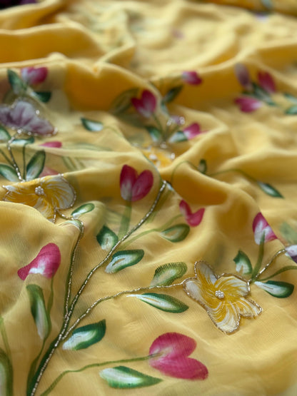 Budget chiffon Handpaint with heavy hand work saree