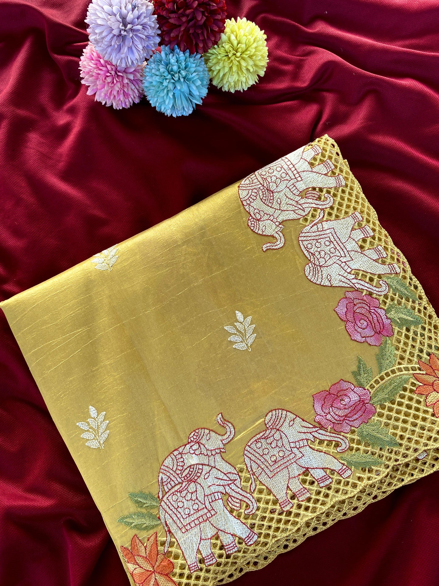 Tussar embroidered hole work premium traditional saree