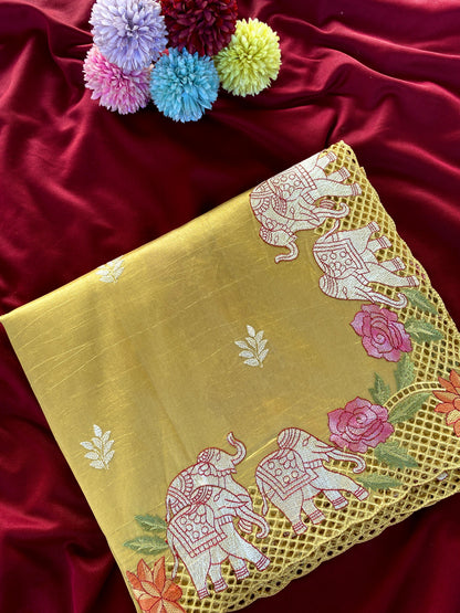 Tussar embroidered hole work premium traditional saree