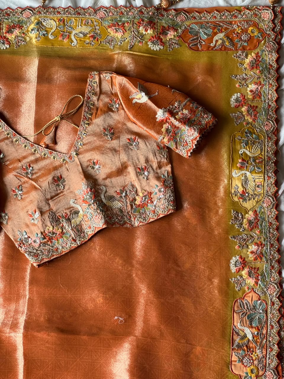 Luxe Dola silk coding work geruva saree with stitched blouse