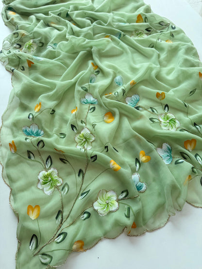 Budget chiffon Handpaint with heavy hand work saree