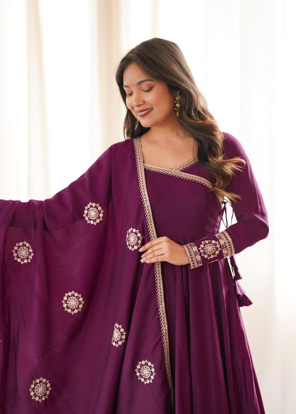 Pure Roman Chanderi Silk Fabric Fully Flare Angrakha Style Anarkali