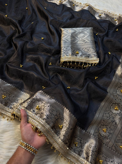 Banarasi Tissue Zari Weaving Border Saree  ghungroo work