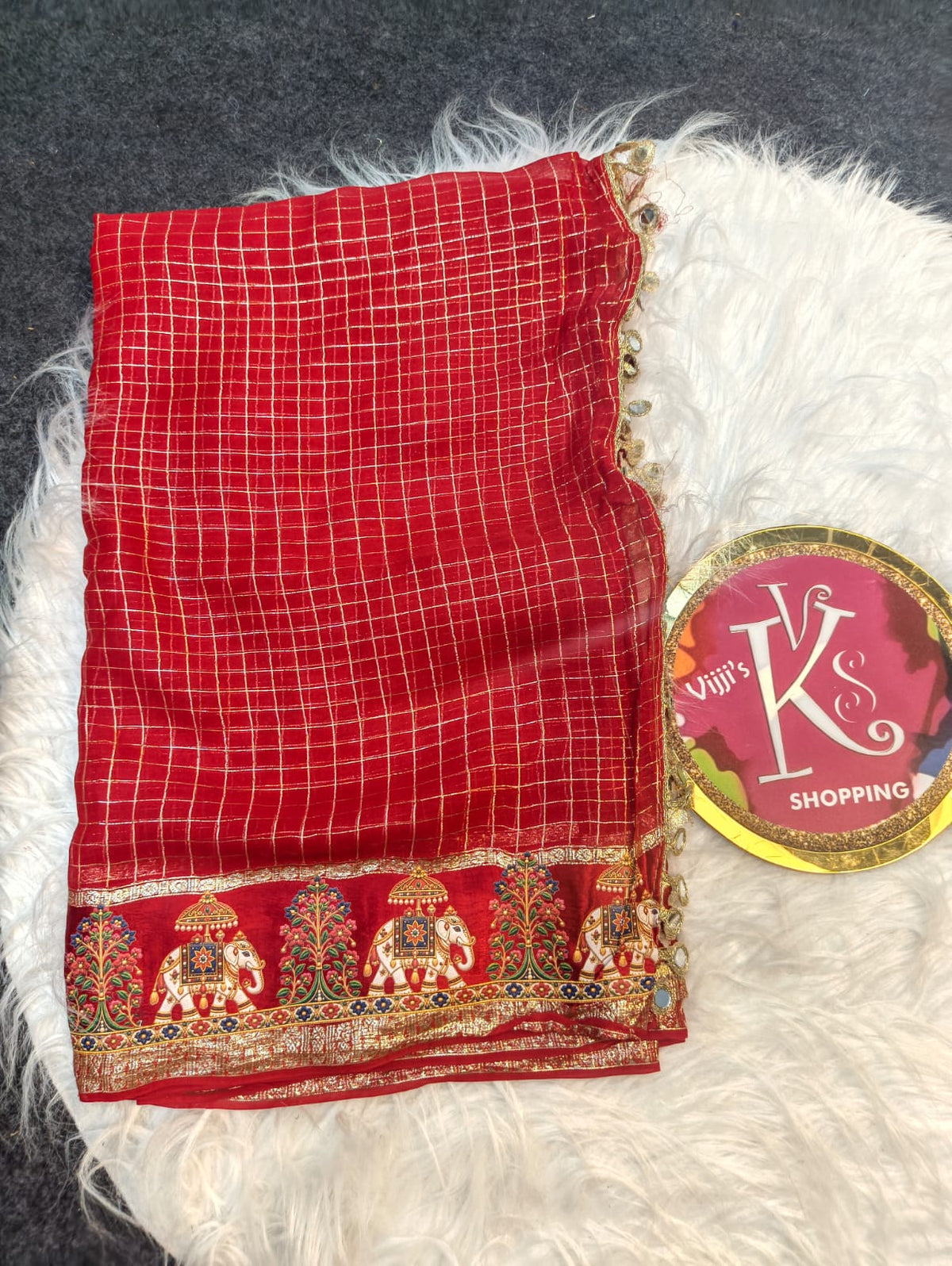 Budget viscose check with satin border golden zari white elephant saree