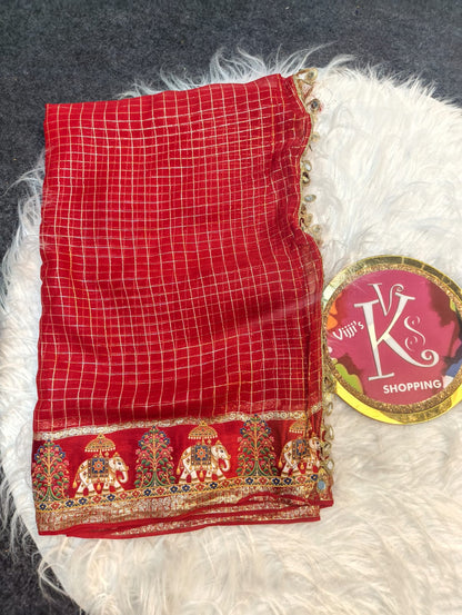 Budget viscose check with satin border golden zari white elephant saree