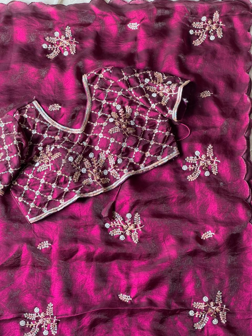 Soft silk with beads flower work saree with stitched blouse