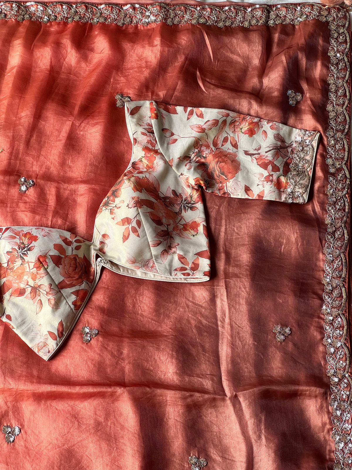 Orange garden  coating sequence saree with stitched blouse