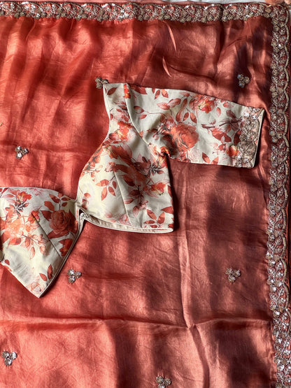 Orange garden  coating sequence saree with stitched blouse