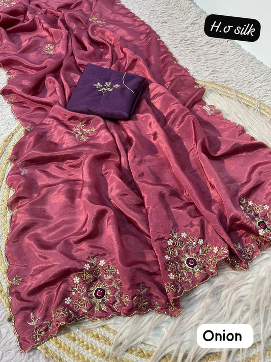 Trendy Soft shine hand work zardosi sarees