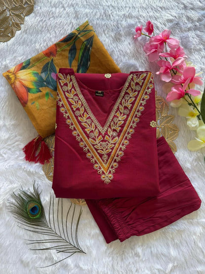Roman silk party wear Embroidery Maroon kurti set