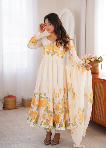 Classic Yellow Floral Printed Organza Anarkali sets