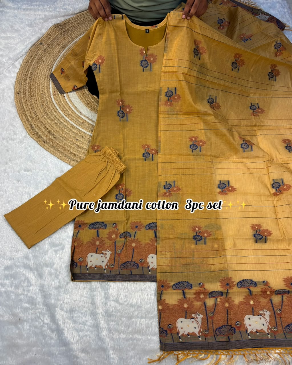 3 pieces ethinic wear Jamdani cotton kurti