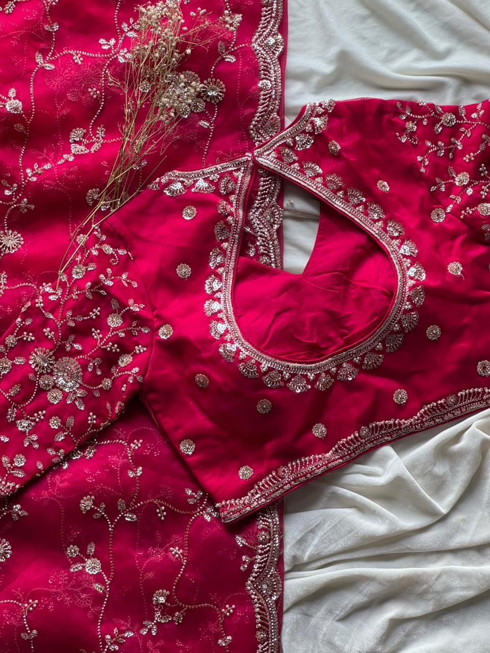 Raspberry Luxe Coctail Handwork saree with stitched blouse