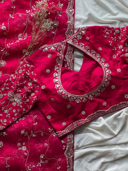 Raspberry Luxe Coctail Handwork saree with stitched blouse