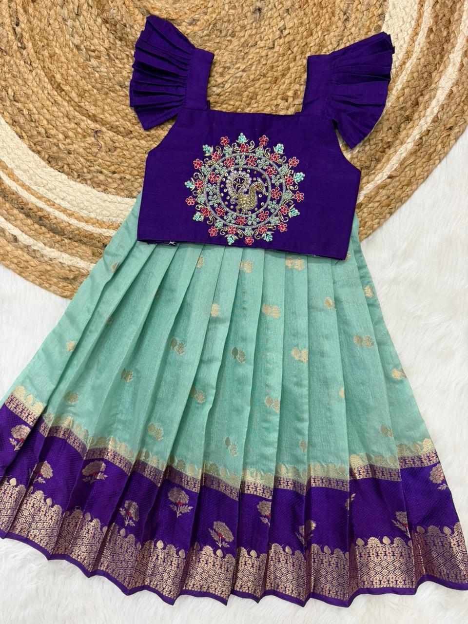 Brother & Sister Maggam Cute Traditional Combo – Banaras Silk Crop Top & Boy Kurta Dhoti Set