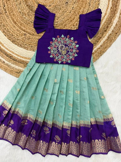 Brother & Sister Maggam Cute Traditional Combo – Banaras Silk Crop Top & Boy Kurta Dhoti Set